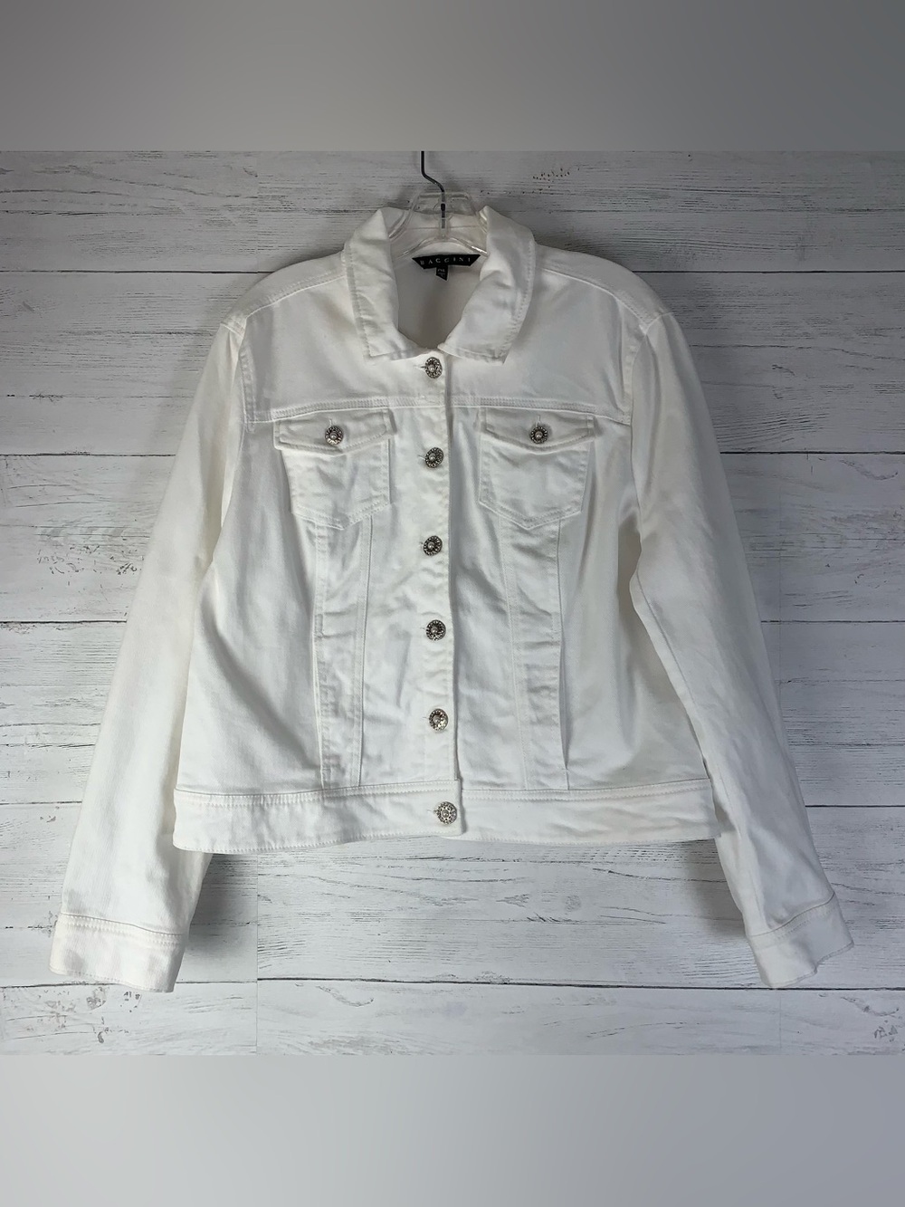 Baccini white denim trucker jacket rhinestone buttons size PXL